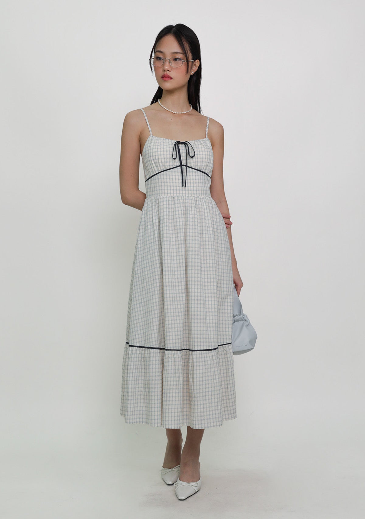 Aurelia Contrast Detail Midi Dress (Plaid) Cream/Dark Blue / XXS