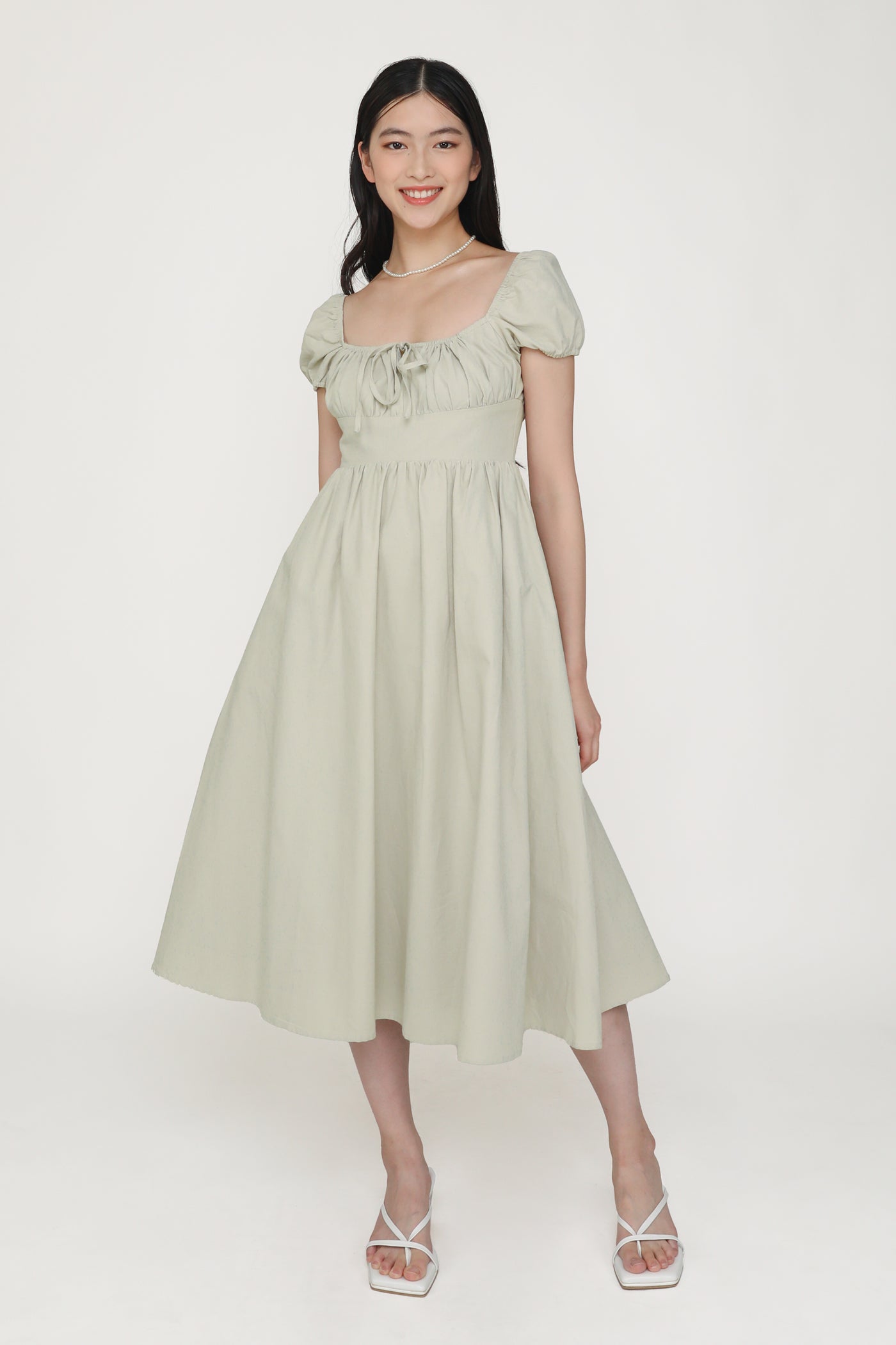 lanelle midi dress Lanelle Puffy Sleeve Linen Midi Dress Flax / XXS