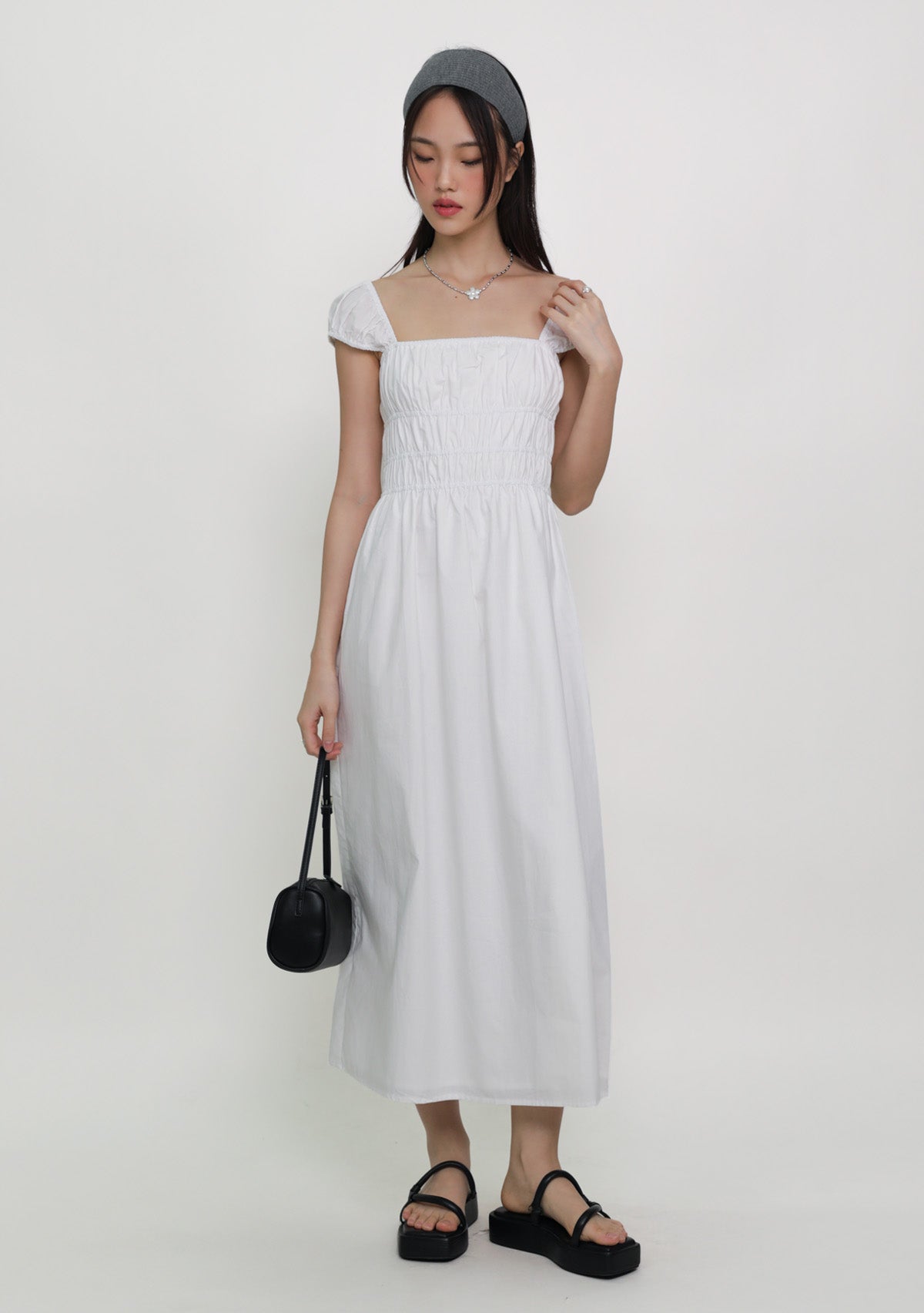 Janelle Shirred Midi Dress White / L