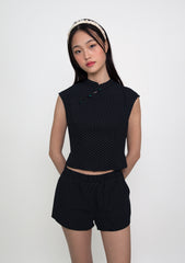 Ning Velvet Button Cheongsam Top (Polka Dot)