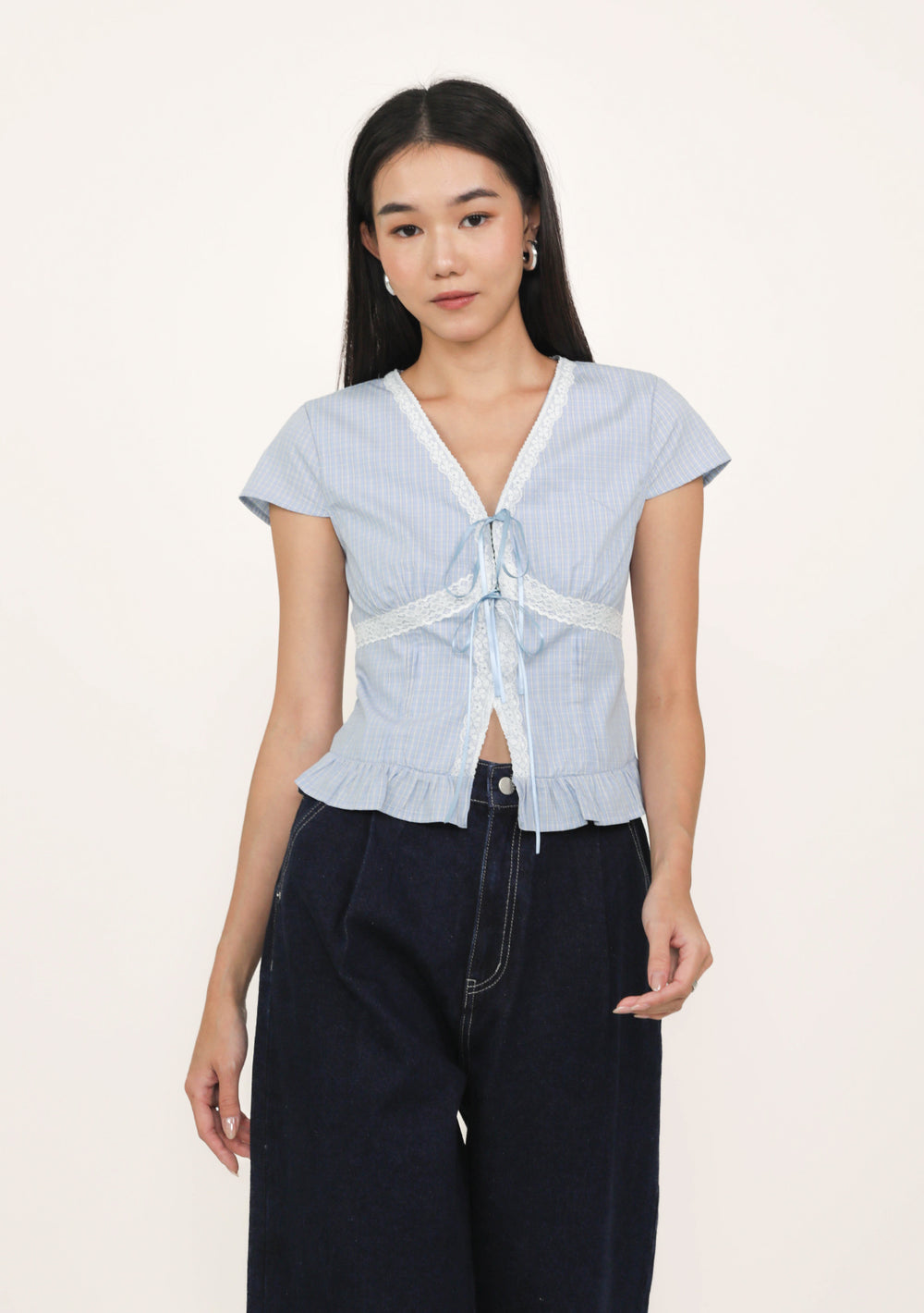 Manila Lace Trim Ribbon Blouse (Plaid)