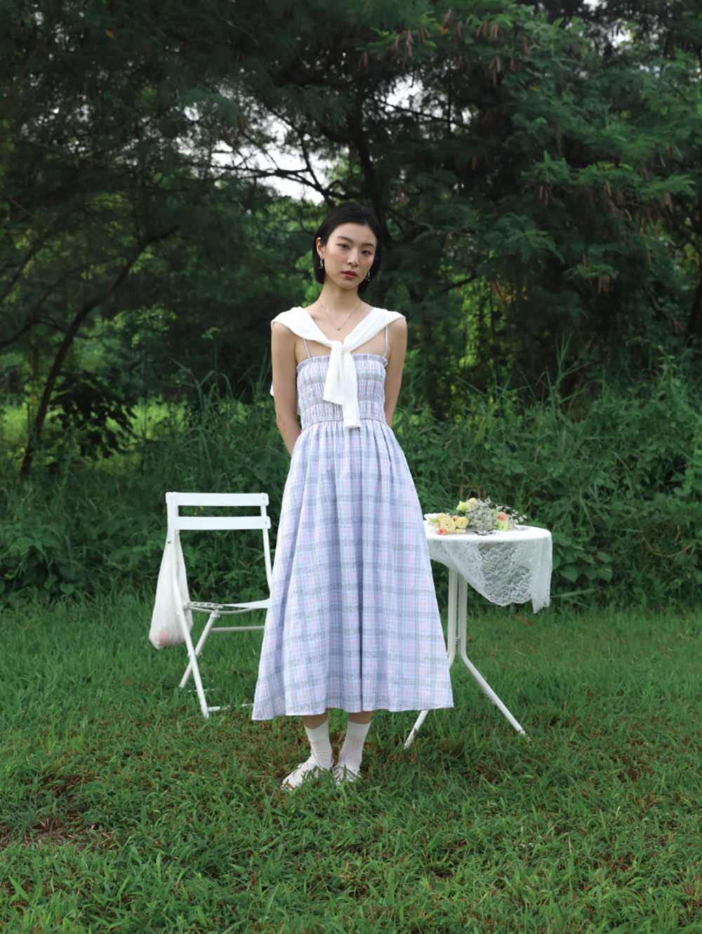 Gail Shirred Midi Dress (Plaid)
