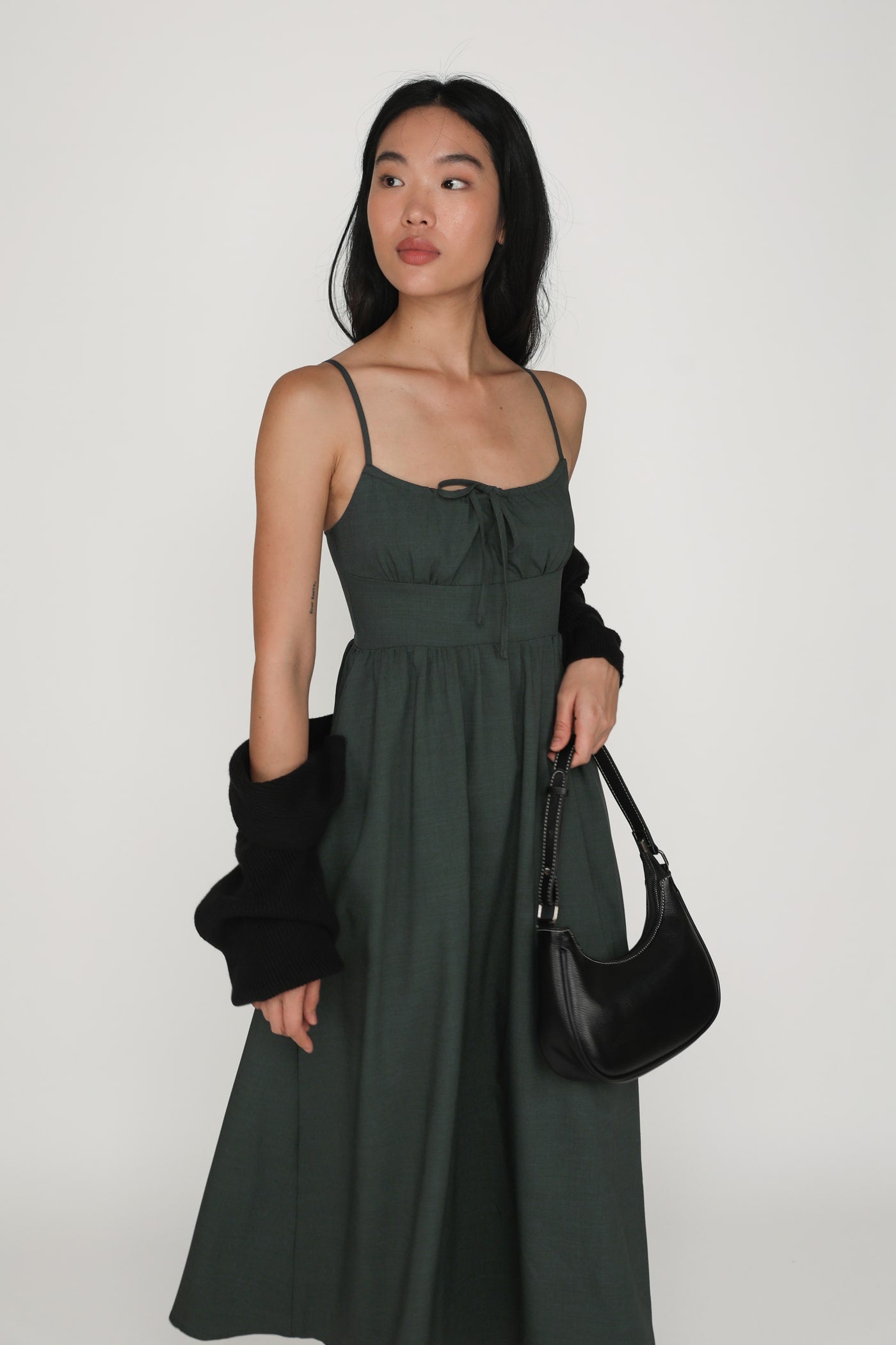 Adeline Ruched Front Drawstring Maxi Dress Smoked Green / XXS