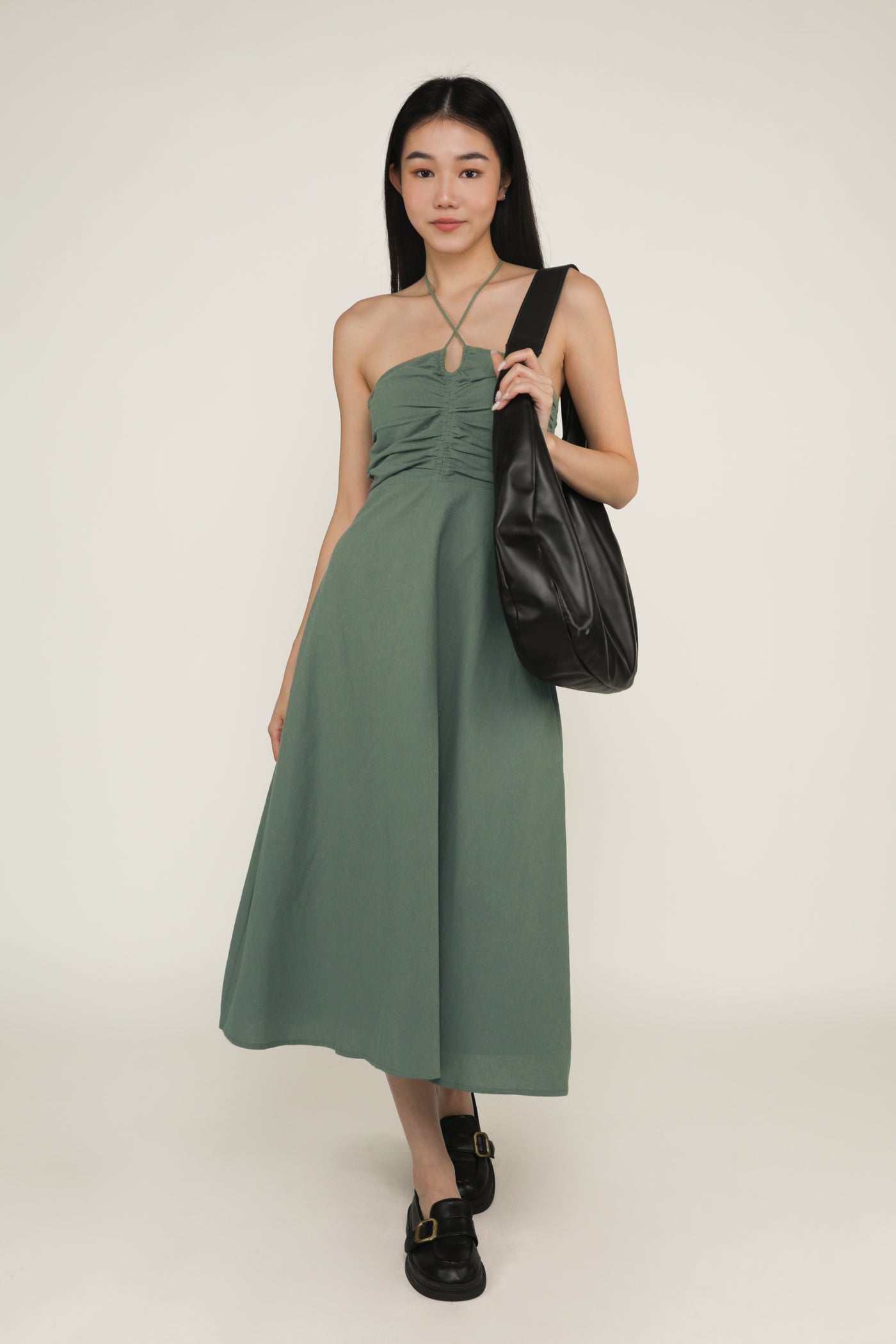 Aella Ruch Halter Maxi Dress Eucalyptus / XXS