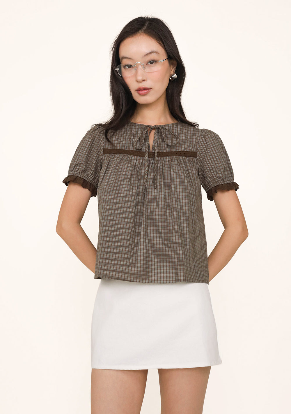 Riri Lace Trim Babydoll Top (Plaid)