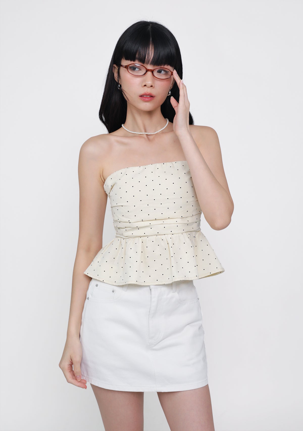 beige--ruko--peplum-polka-dot-