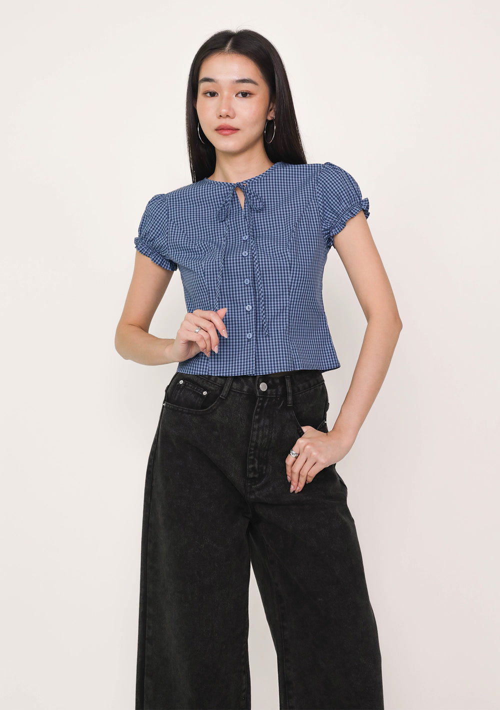 Lulu Puffy Sleeve Tie Front Top (Plaid)