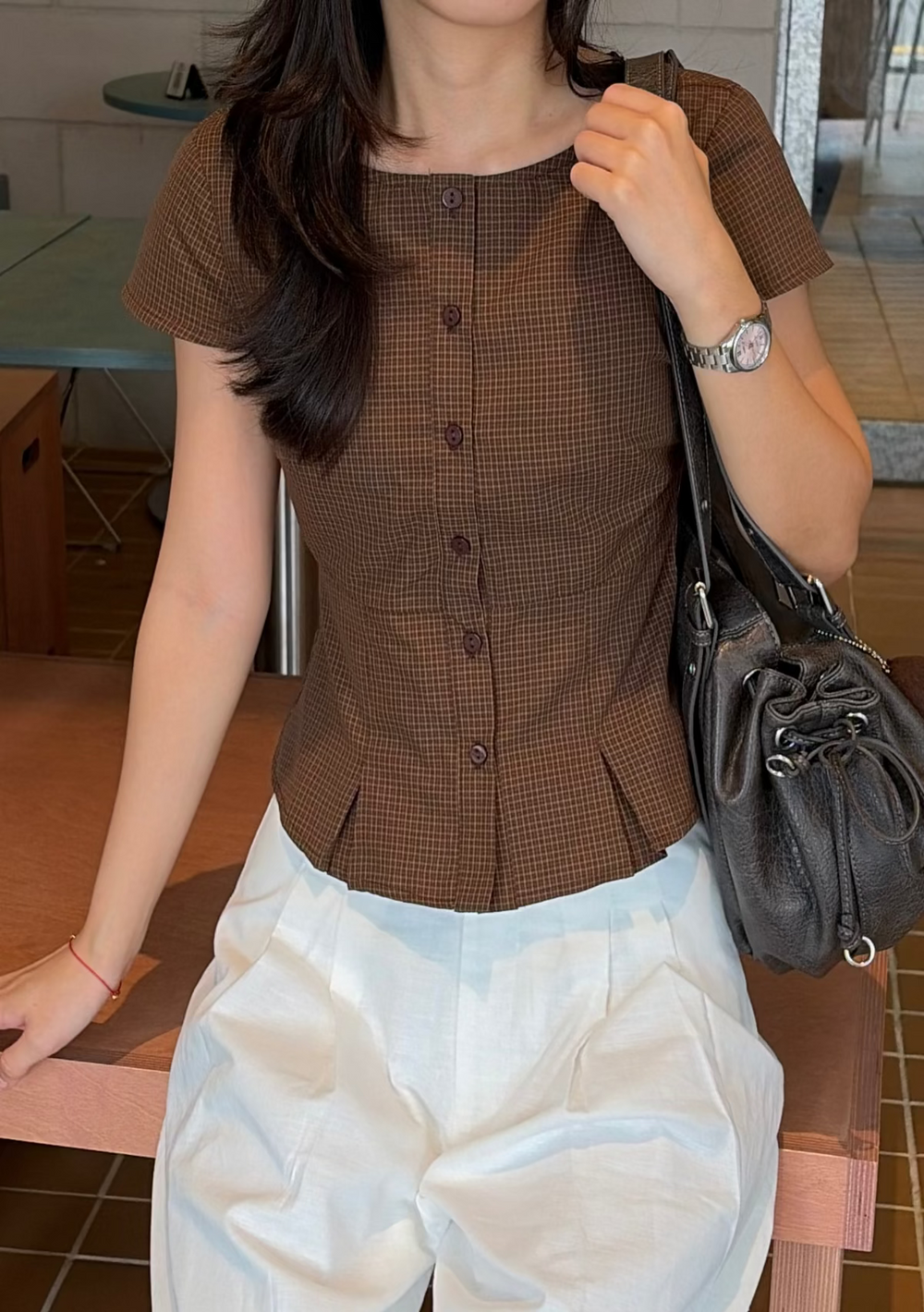 Emmi Pleated Button Blouse (Plaid)