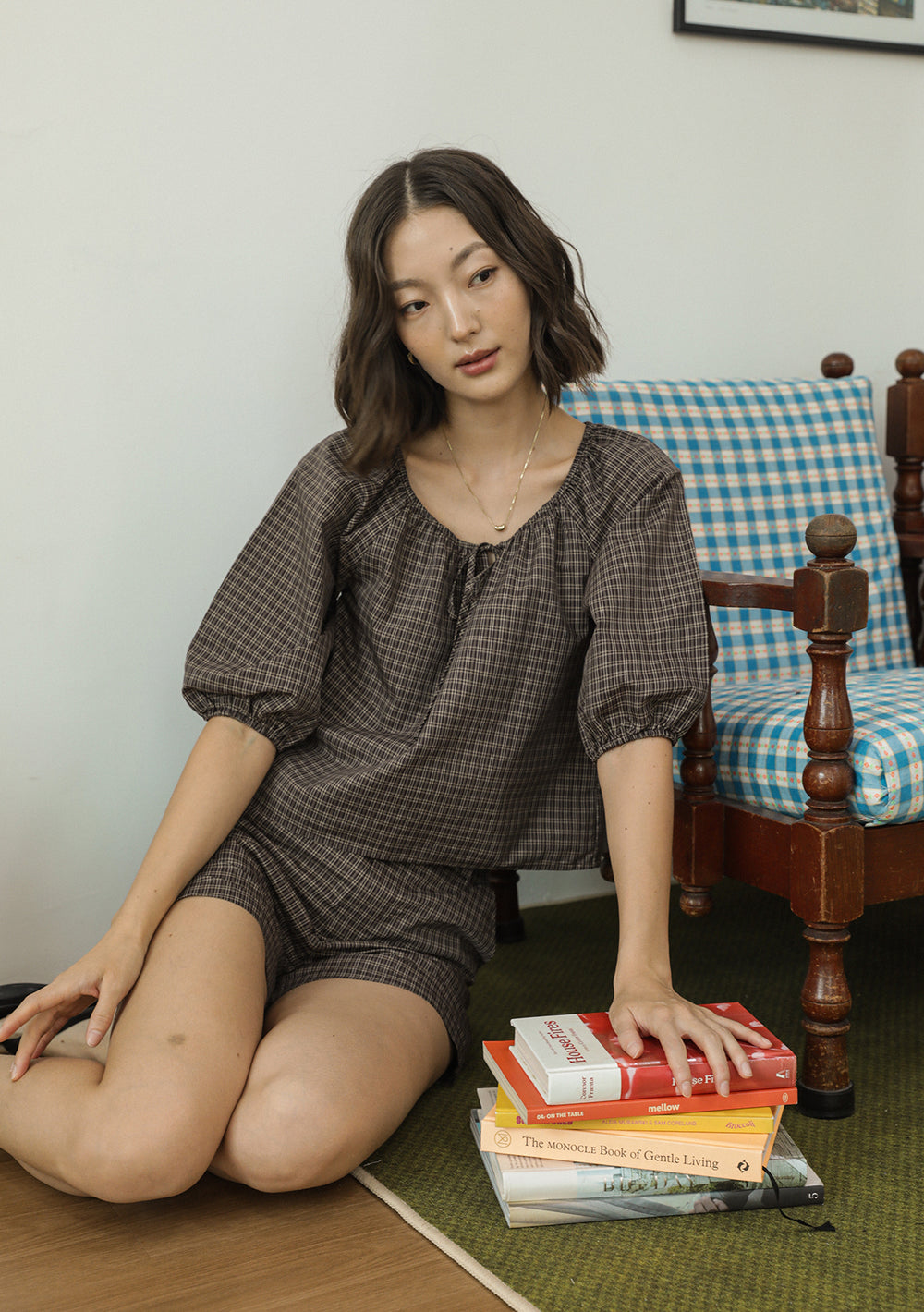Celina Tie Front Blouse (Plaid)