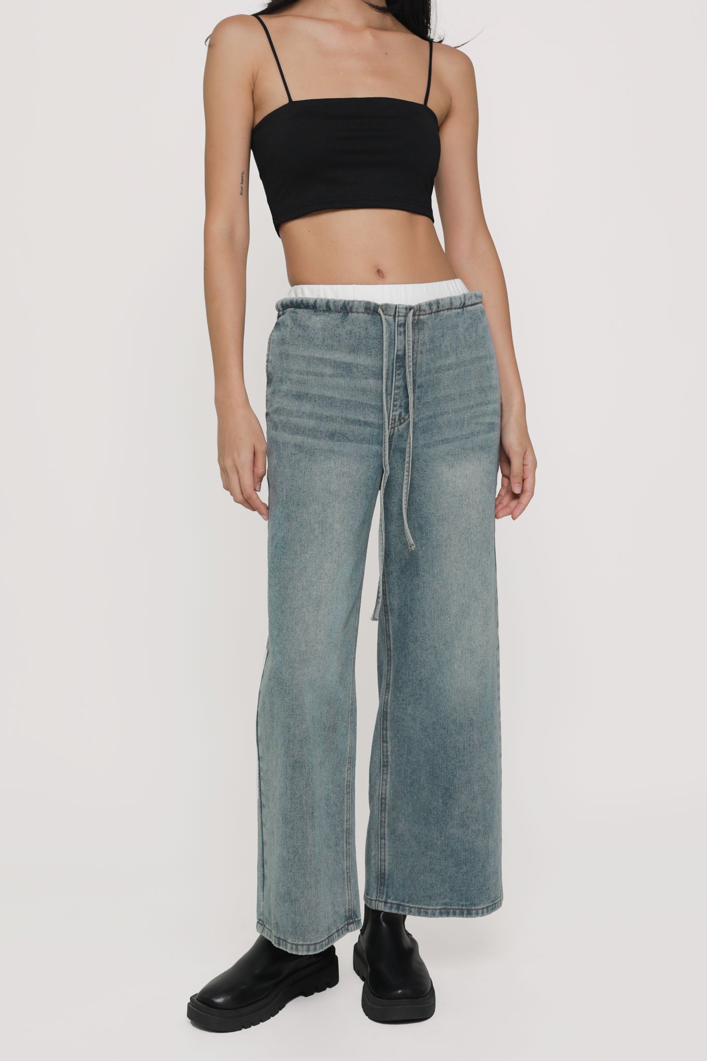 【BAON】Rico String Wide Denim Pants Tall Raw Waistband Wide Leg Jeans | boohoo