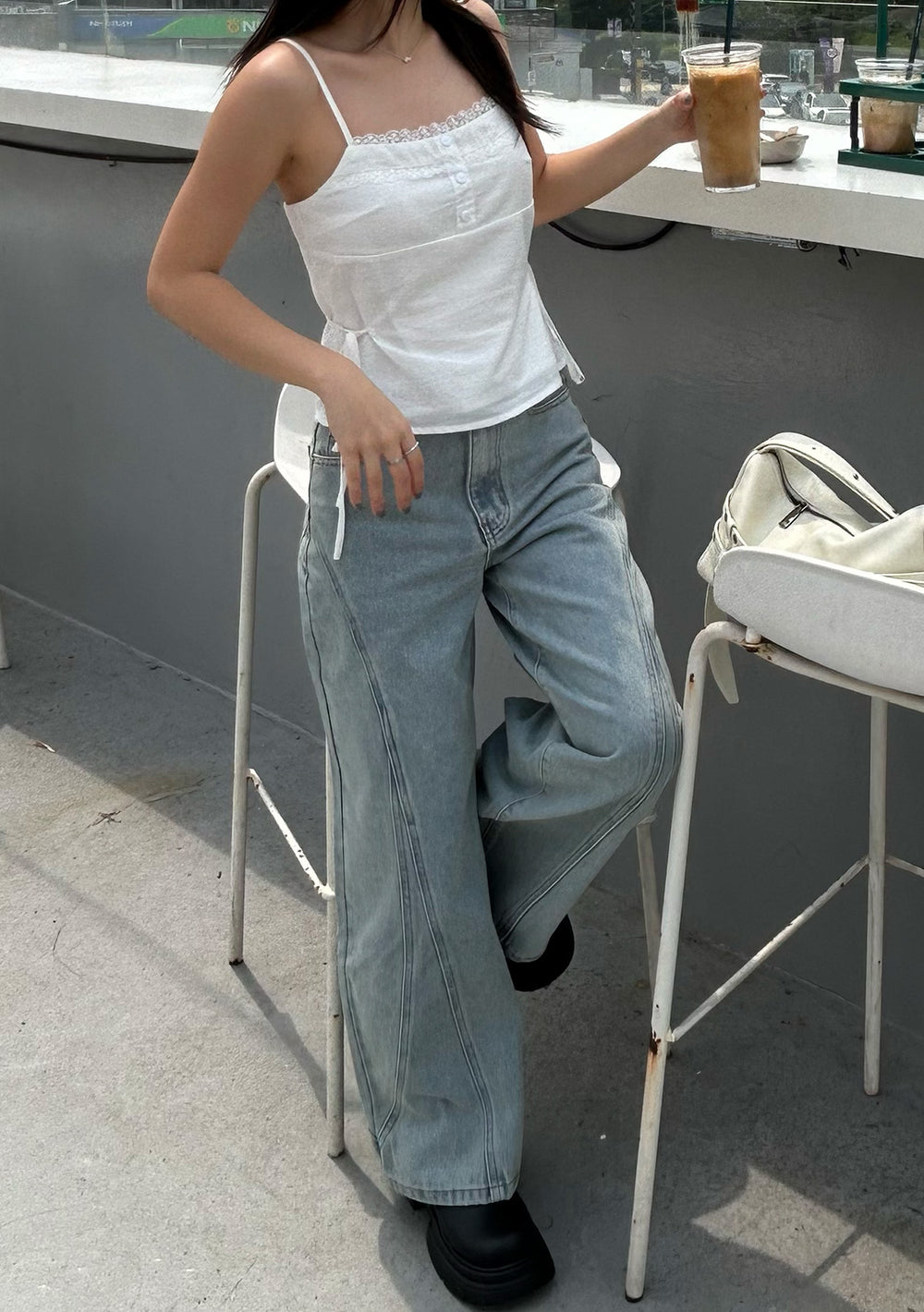 Jake Topstitch Wide Leg Denim Jeans