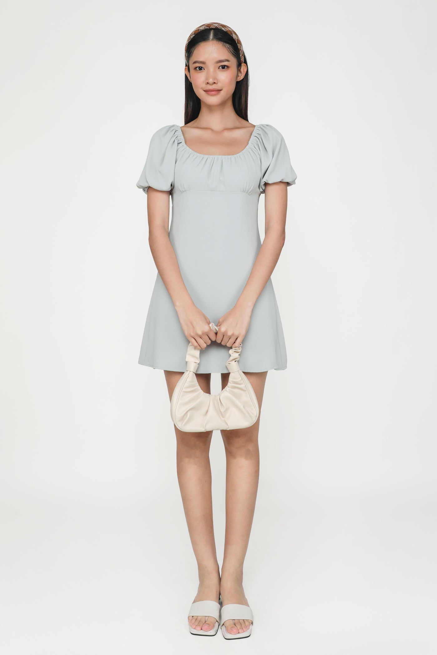 grey puff sleeve dress Nimira Check Puff Sleeve Mini Dress