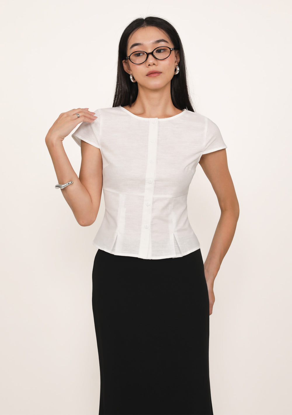 Emmi Pleated Button Blouse (White)