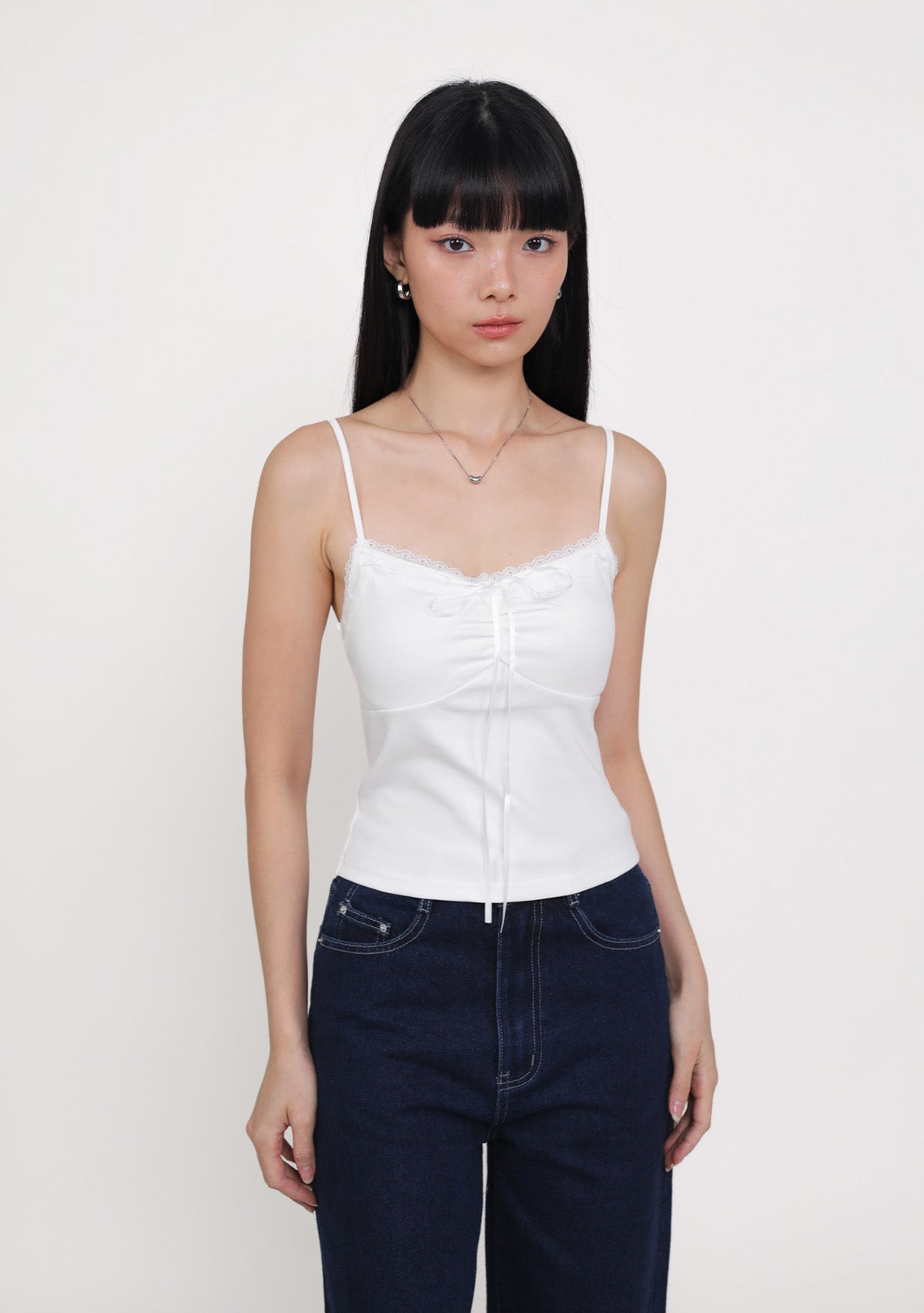 トップス Avrill ribbon tops Neck Ribbon Detail Long Sleeve Cropped Top CD21 - Korean Women's