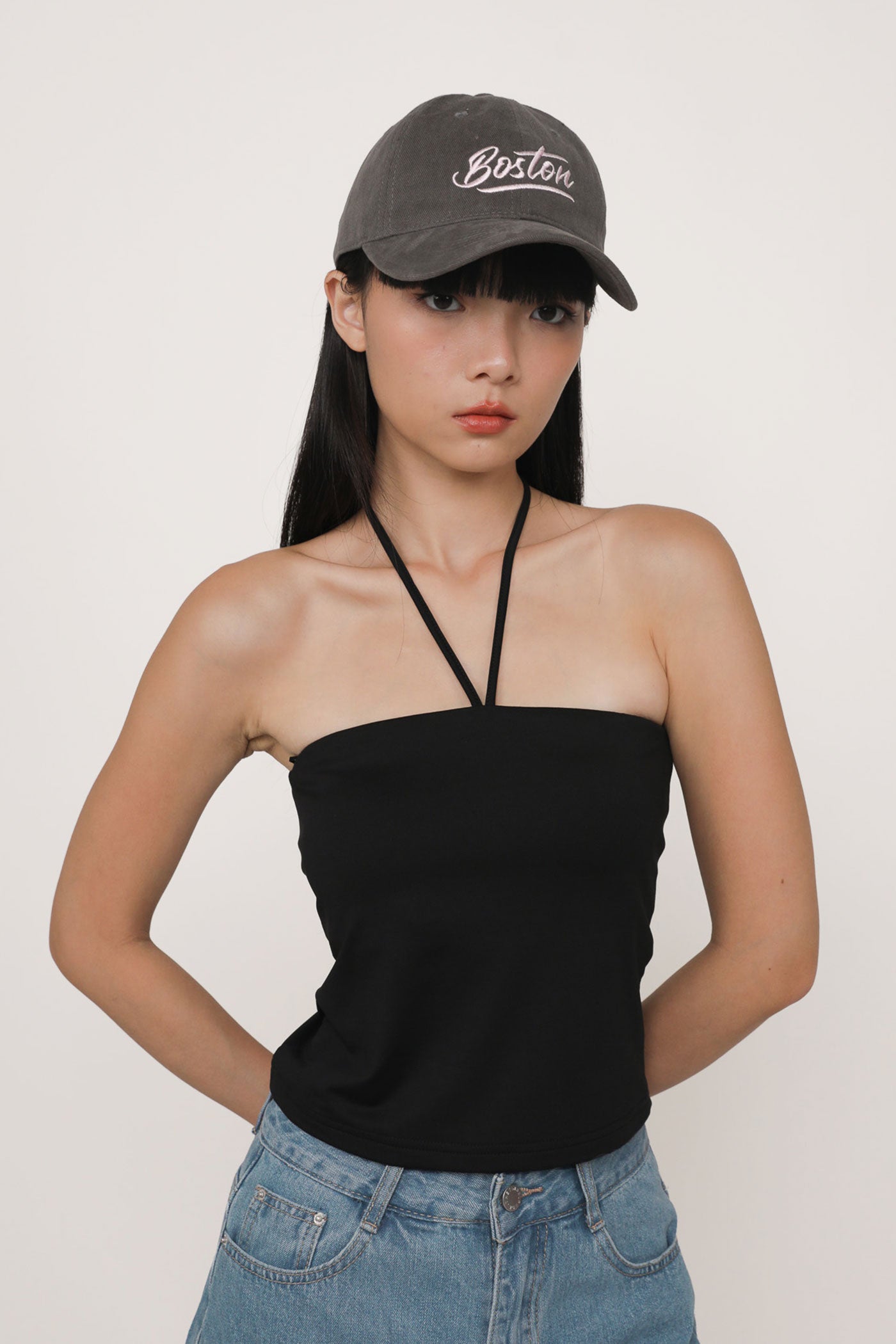 本日限定　shirred frill halter tops Lova Shirred Halter Neck Crop Top in Sky Grey | Oh Polly